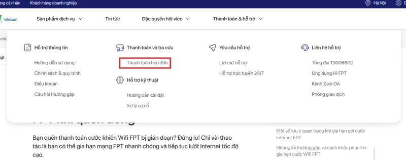 Gia hạn qua cổng thanh toán Website fpt.vn